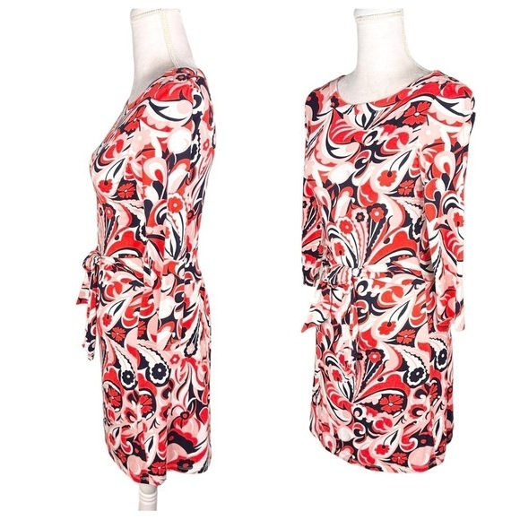 Boden mini dress tunic t-shirt dress navy blue orangey-red pink print tie belt 6 - Picture 11 of 16